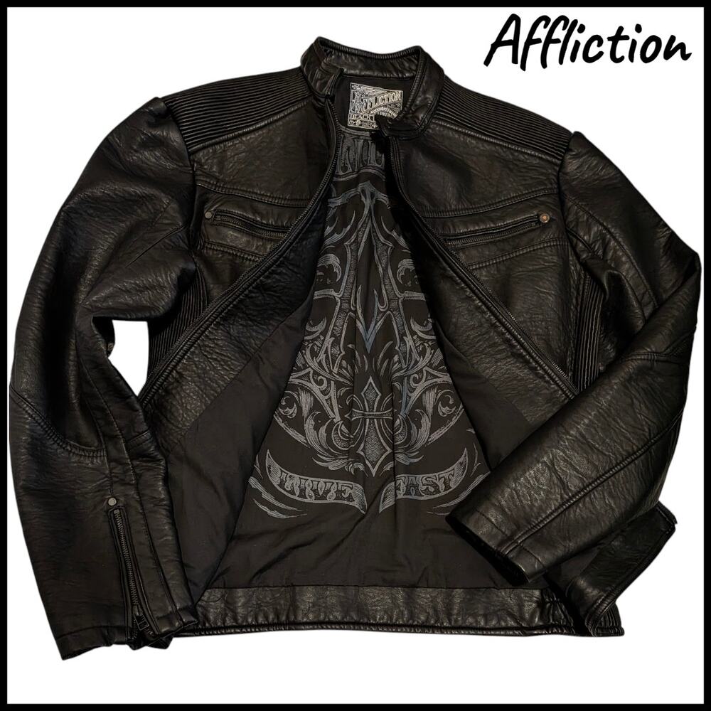 Affliction XL Faux Leather Moto Jacket Racer Collar Graphic Lined